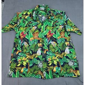 Aloha Republic Hawaiian Shirt Mens Large Green AOP Birds Floral Lightweight Camp